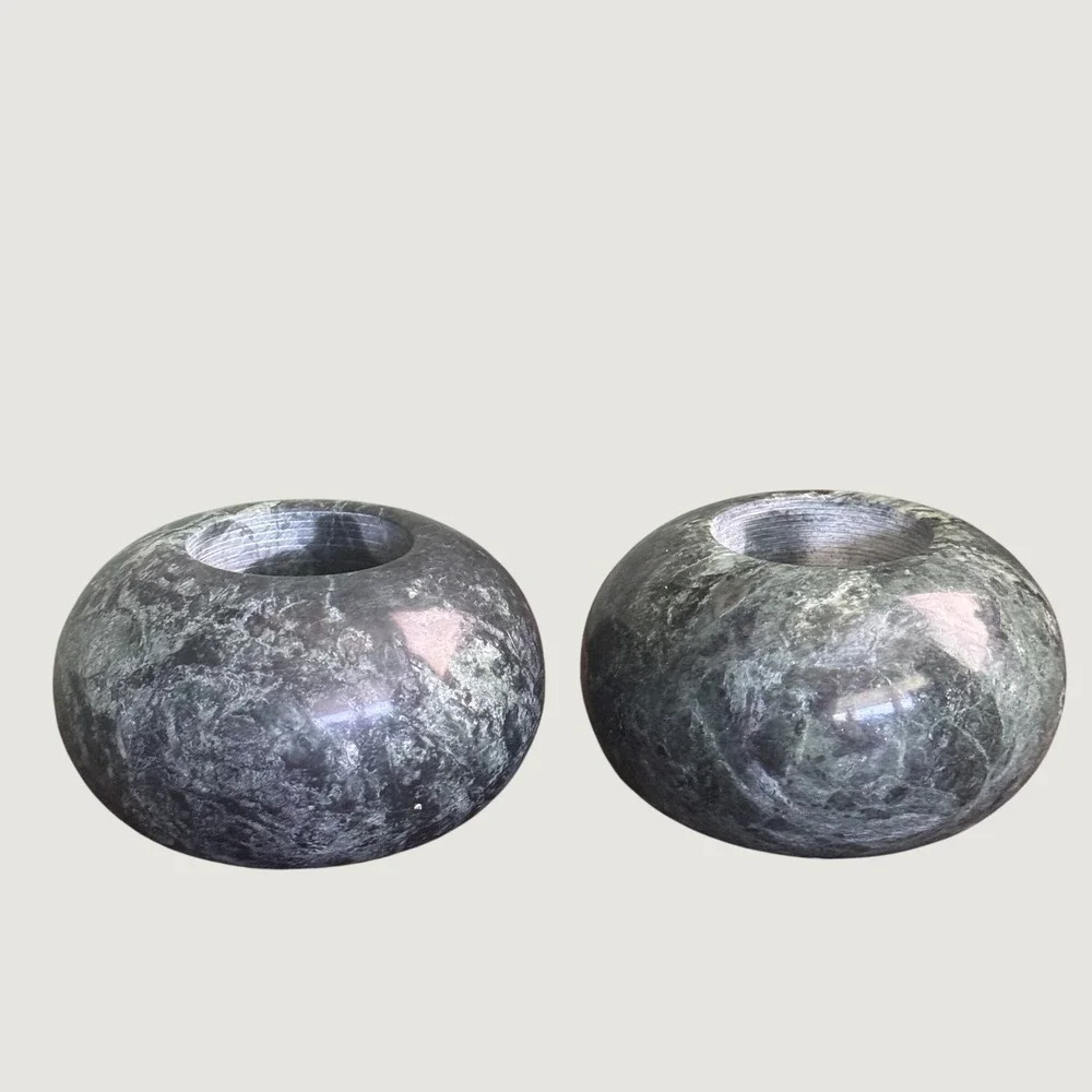 Vintage Green Marble Tea Light Candle Holders Set of 2 Polished Stone Round
